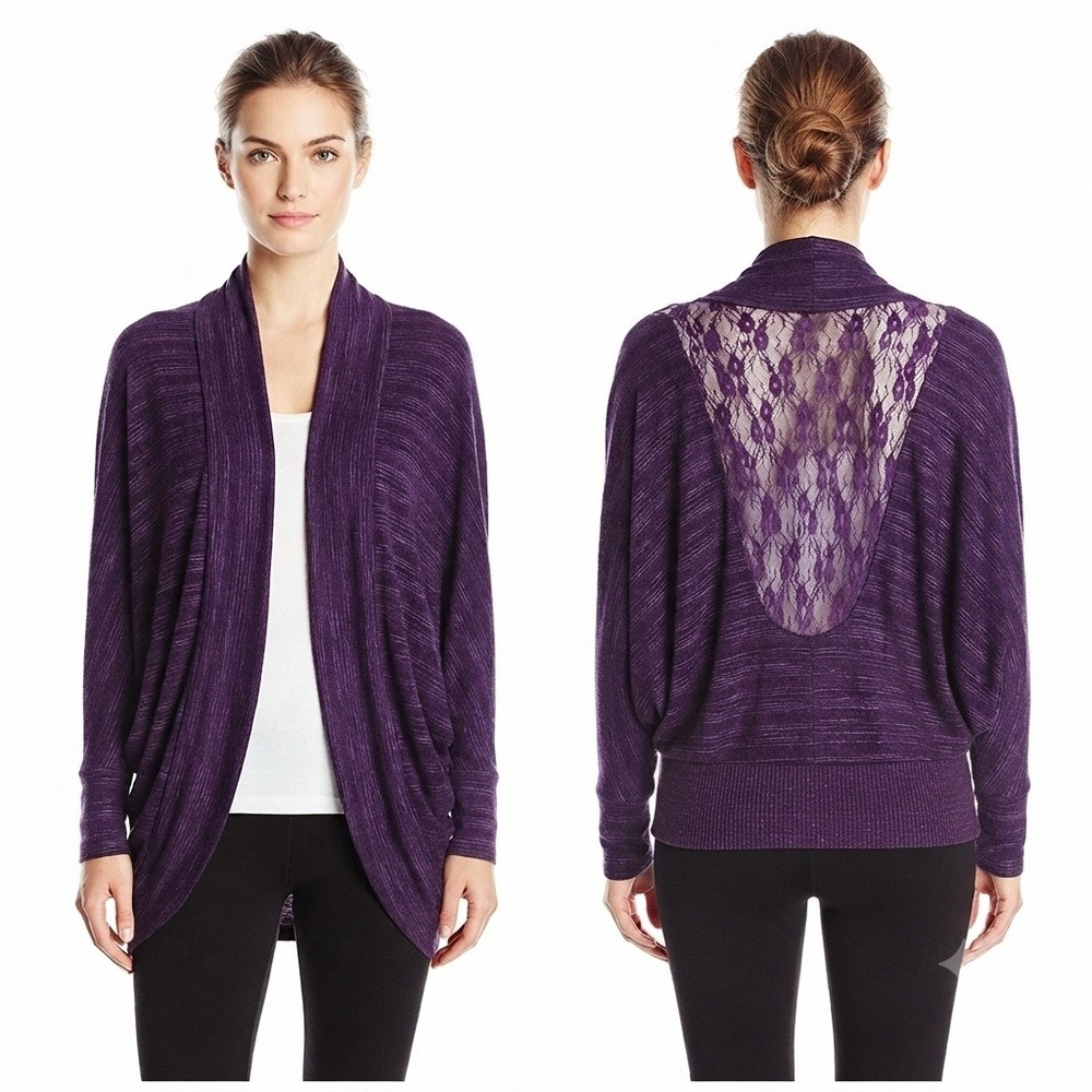 Bongo Cardigan Womens Large Purple Space Dye Lace Back Cocoon Sweater Open Front